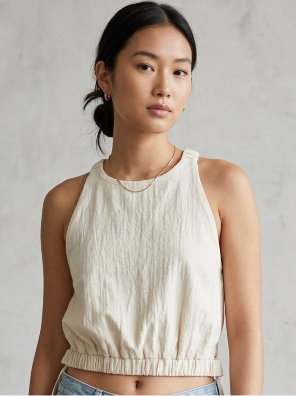 Beige Botany Bubble Hem Open Back Tank Top Medium